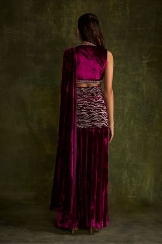 Mulberry velvet slit pre-draped saree