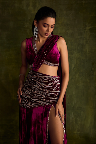 Mulberry velvet slit pre-draped saree