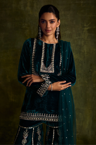 Teal velvet sharara set