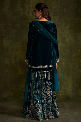 Teal velvet sharara set