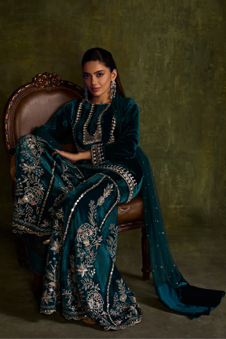 Teal velvet sharara set