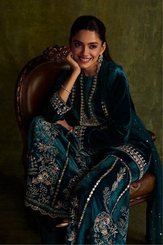 Teal velvet sharara set