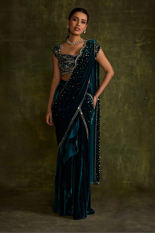 Turqoise velvet pre-draped saree