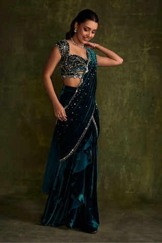 Turqoise velvet pre-draped saree