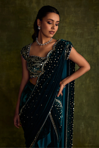 Turqoise velvet pre-draped saree