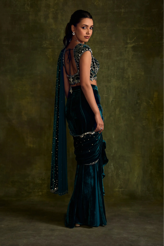 Turqoise velvet pre-draped saree