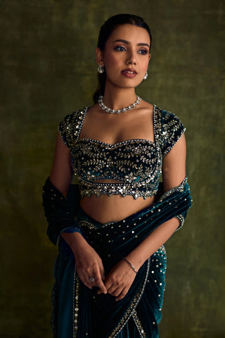 Turqoise velvet pre-draped saree