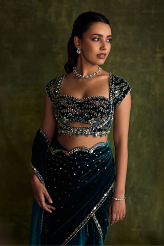 Turqoise velvet pre-draped saree