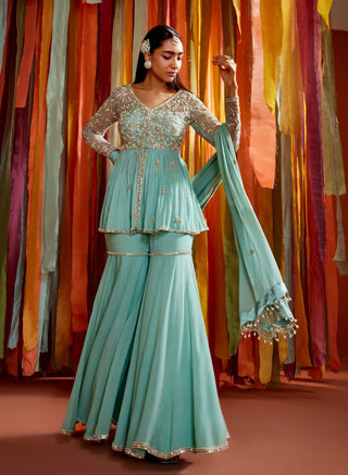 Mint green gathers peplum and sharara set