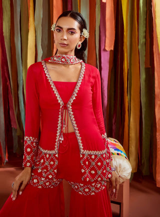 Hot pink short jacket and sharara set - Hot pink short jacket - Sanya Gulati - Available at Mrs. G