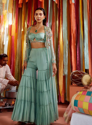 Mint green cape, sharara and cut-out bustier