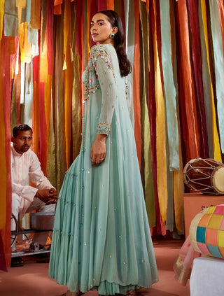 Mint green cape, sharara and cut-out bustier