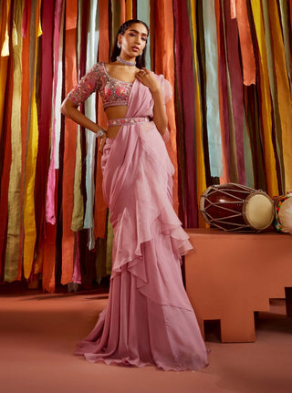 Mauve ruffle saree and blouse