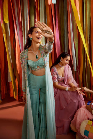 Mint green cape and sharara set