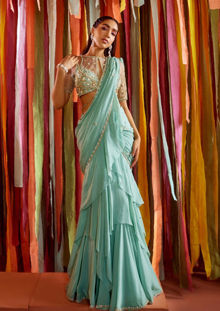 Mint green tiered ruffle saree and blouse - Mint green tiered ruffle saree - Sanya Gulati - Available at Mrs. G