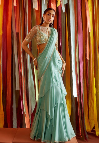 Mint green tiered ruffle saree and blouse - Mint green tiered ruffle saree - Sanya Gulati - Available at Mrs. G