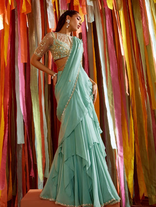 Mint green tiered ruffle saree and blouse - Mint green tiered ruffle saree - Sanya Gulati - Available at Mrs. G