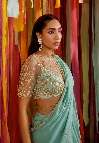 Mint green tiered ruffle saree and blouse - Mint green tiered ruffle saree - Sanya Gulati - Available at Mrs. G