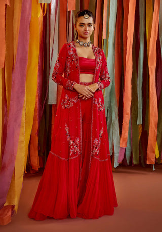 Hot pink thread embroidered cape and sharara set - Hot pink thread embroidered cape - Sanya Gulati - Available at Mrs. G