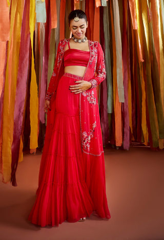 Hot pink thread embroidered cape and sharara set - Hot pink thread embroidered cape - Sanya Gulati - Available at Mrs. G