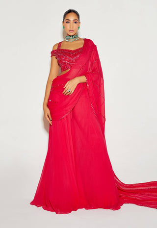 Hot pink tonal draped saree and blouse - Hot pink tonal draped saree - Sanya Gulati - Available at Mrs. G