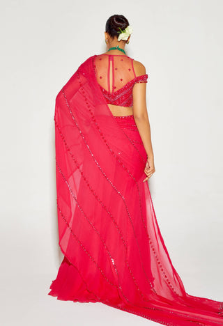 Hot pink tonal draped saree and blouse - Hot pink tonal draped saree - Sanya Gulati - Available at Mrs. G