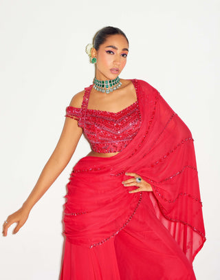 Hot pink tonal draped saree and blouse - Hot pink tonal draped saree - Sanya Gulati - Available at Mrs. G