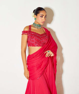 Hot pink tonal draped saree and blouse - Hot pink tonal draped saree - Sanya Gulati - Available at Mrs. G