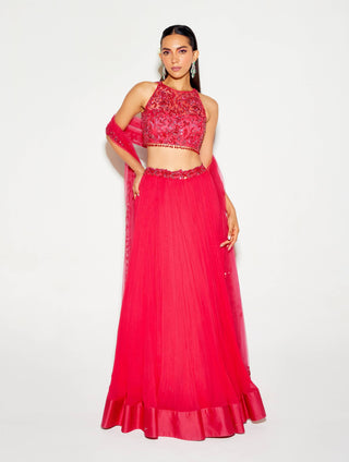 Hot pink tonal blouse and pleated lehenga set - Hot pink tonal blouse - Sanya Gulati - Available at Mrs. G