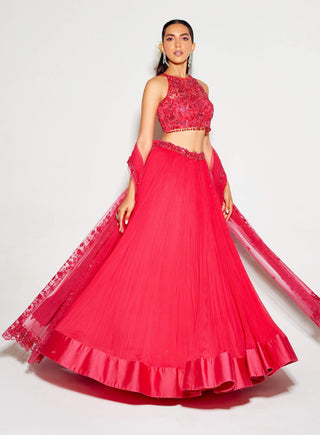 Hot pink tonal blouse and pleated lehenga set - Hot pink tonal blouse - Sanya Gulati - Available at Mrs. G