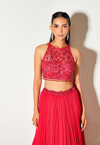 Hot pink tonal blouse and pleated lehenga set - Hot pink tonal blouse - Sanya Gulati - Available at Mrs. G