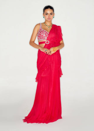 Hot pink ruffle pleated saree set - Hot pink ruffle pleated saree set - Sanya Gulati - Available at Mrs. G