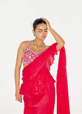 Hot pink ruffle pleated saree set - Hot pink ruffle pleated saree set - Sanya Gulati - Available at Mrs. G