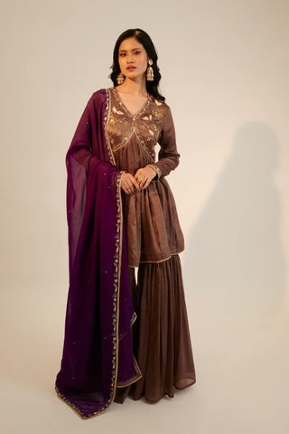 Purple embroidered short anarkali paired with garara pants and dupatta