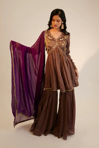 Purple embroidered short anarkali paired with garara pants and dupatta