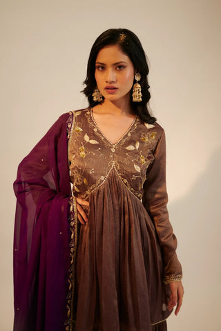 Purple embroidered short anarkali paired with garara pants and dupatta