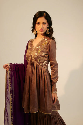 Purple embroidered short anarkali paired with garara pants and dupatta