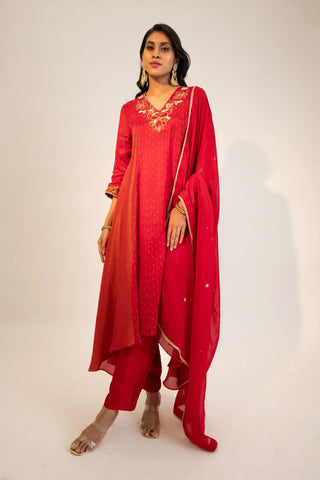 Red embroidered kurta paired with pants and dupatta