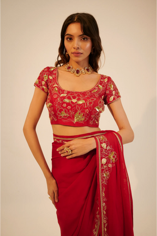 Red embroidered organza saree paired with blouse