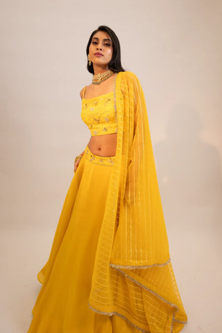 Yellow embroidered lehenga and blouse paired with dupatta