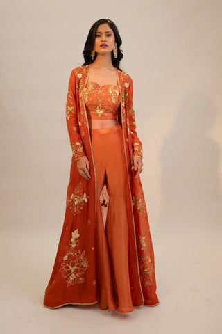 Rust embroidered organza jacket paired with pants and blouse