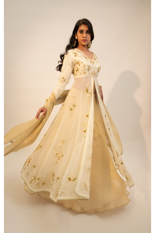 Ivory embroidered open anarkali paired with lehenga & dupatta