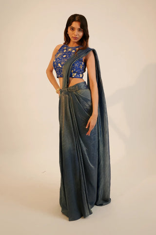 Blue pre draped saree paired with blouse