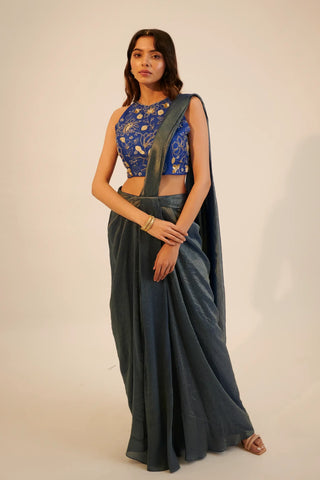 Blue pre draped saree paired with blouse