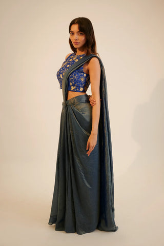 Blue pre draped saree paired with blouse