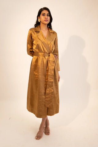 Beige zari tissue dark gold trench coat