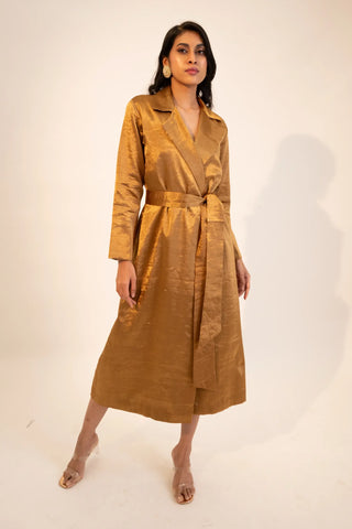 Beige zari tissue dark gold trench coat