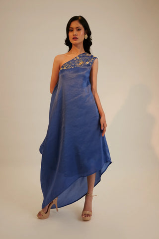 Blue one shoulder embroidered draped tunic