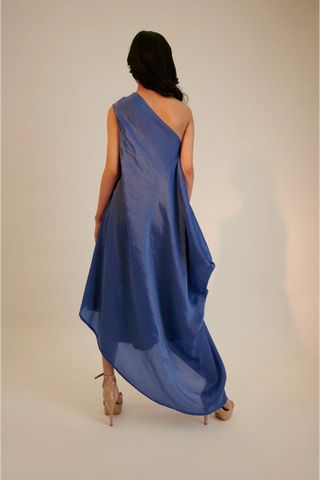 Blue one shoulder embroidered draped tunic