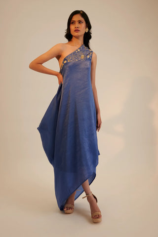 Blue one shoulder embroidered draped tunic